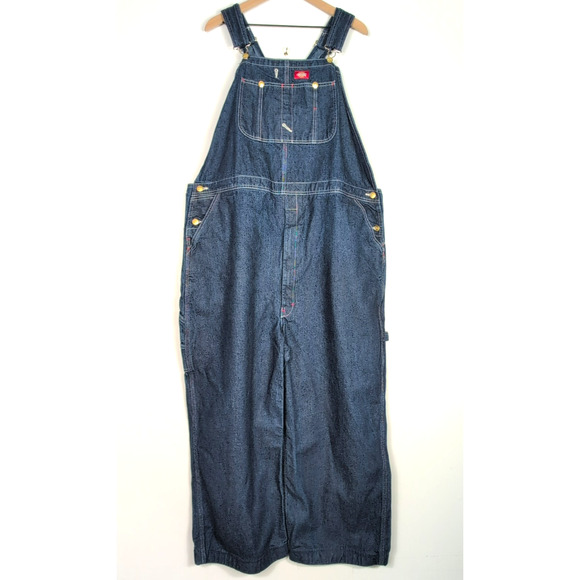 Dickies Overalls Men’s Size 46x32 Blue Denim Carpenter Bib Straight Leg Jeans - Picture 1 of 14